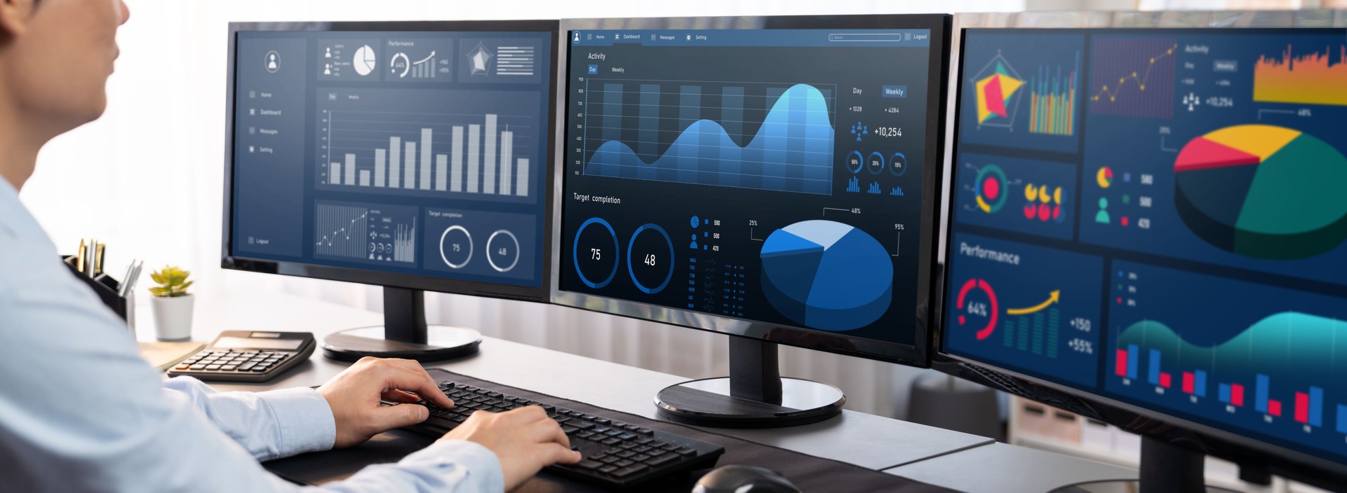 Analyst working on data analysis BI dashboard on computer monitor.Trailblazing