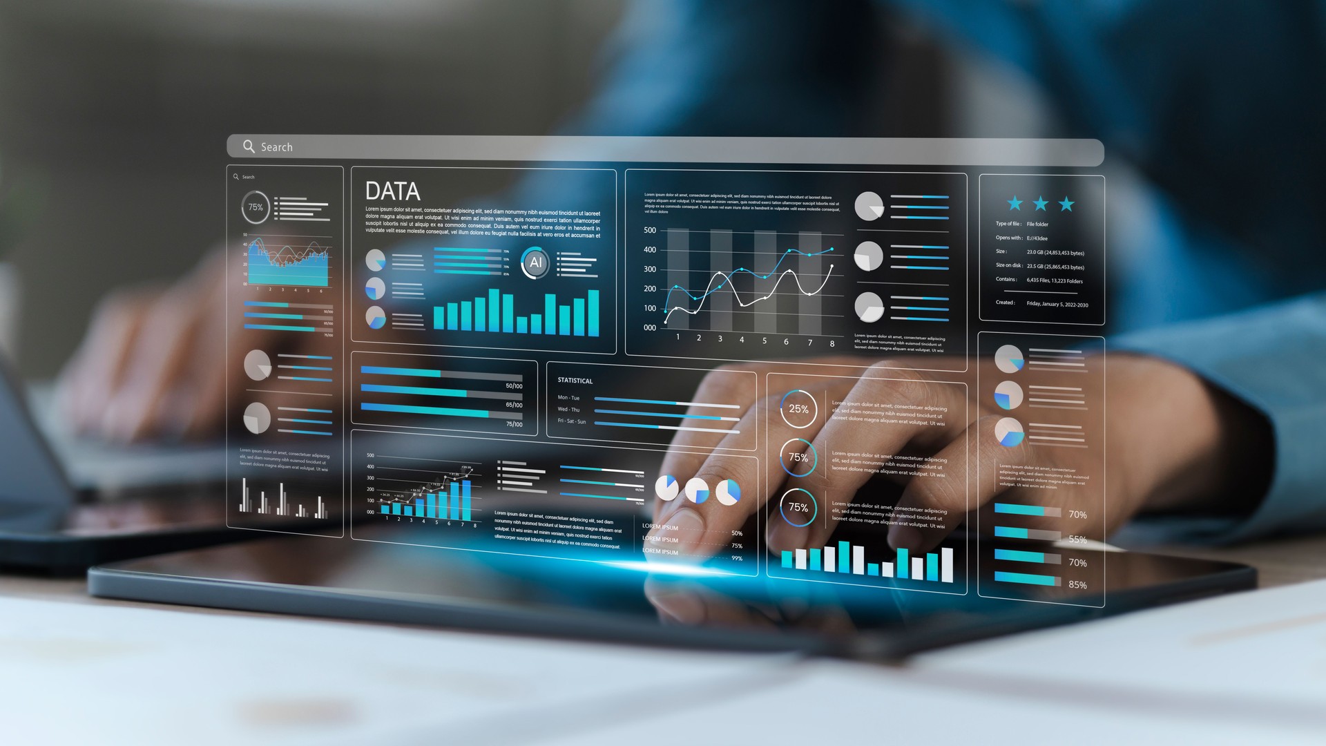 Data analysis concept, businessman using laptop to analyze business data and information management system, database for finance, strategy and planning, operations, marketing, digital technology.