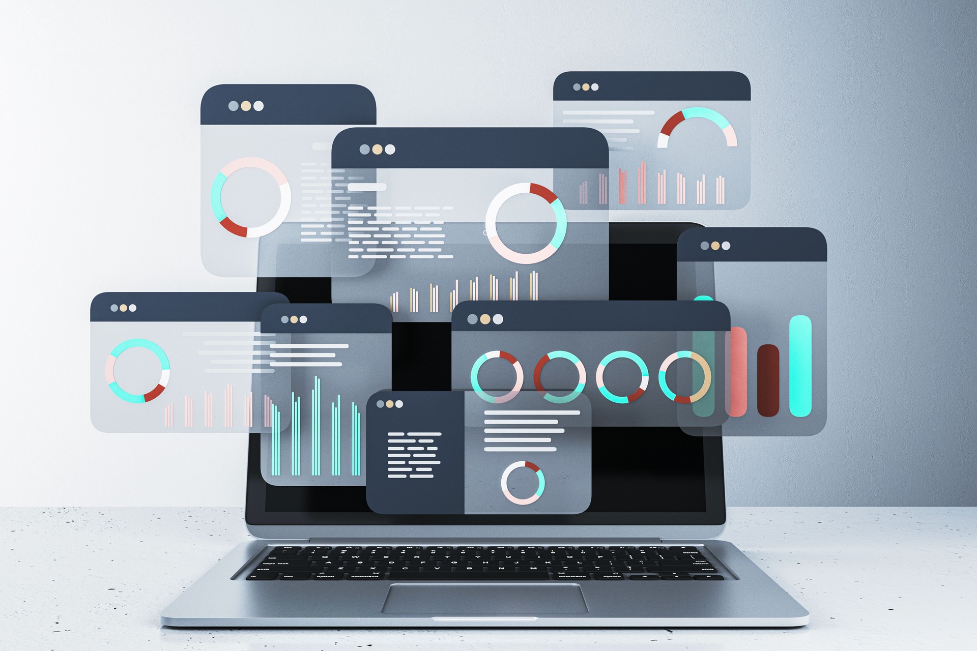 Digital financial data analysis interface with graphs and charts displayed on a laptop screen. 3D Rendering