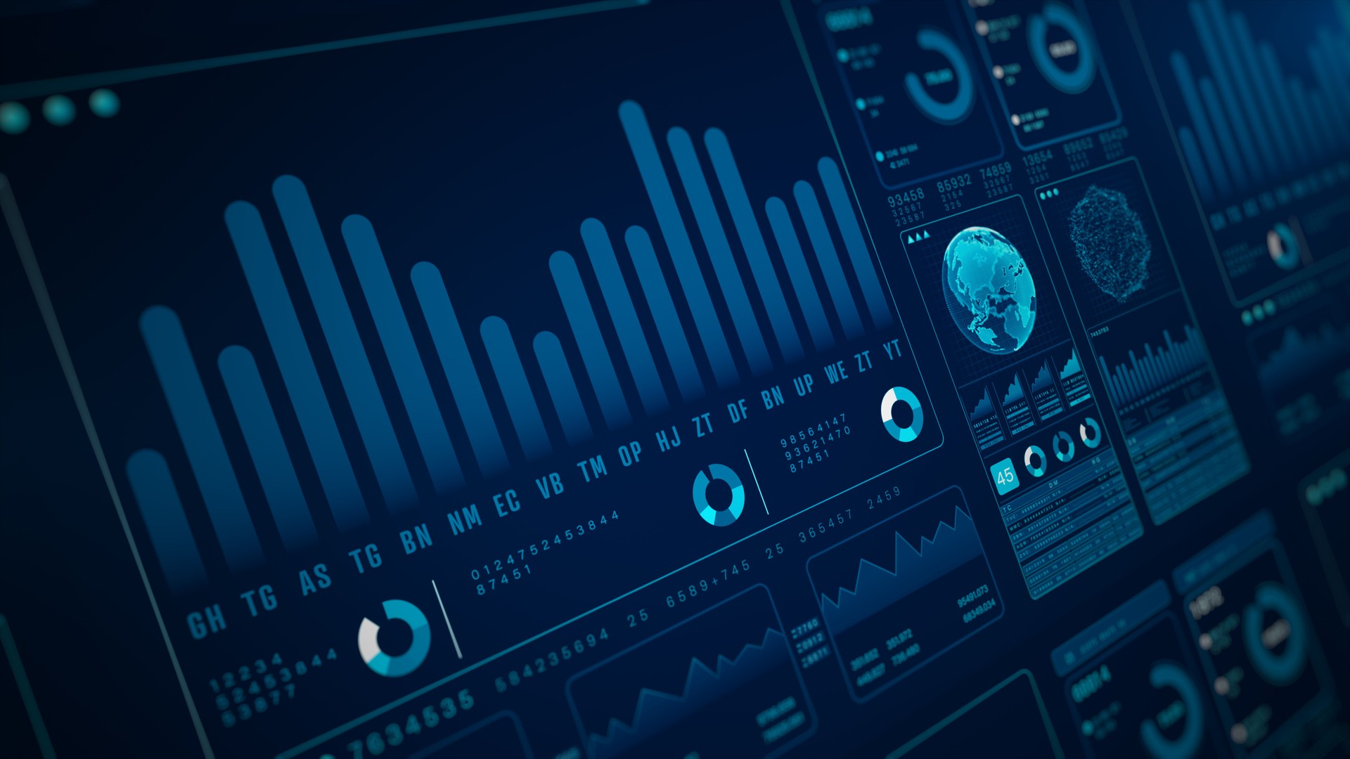 Infographic business and financial investment, Futuristic digital dashboard interface with data charts, graphs, and a global map, Data analytics abstract background, 3d rendering