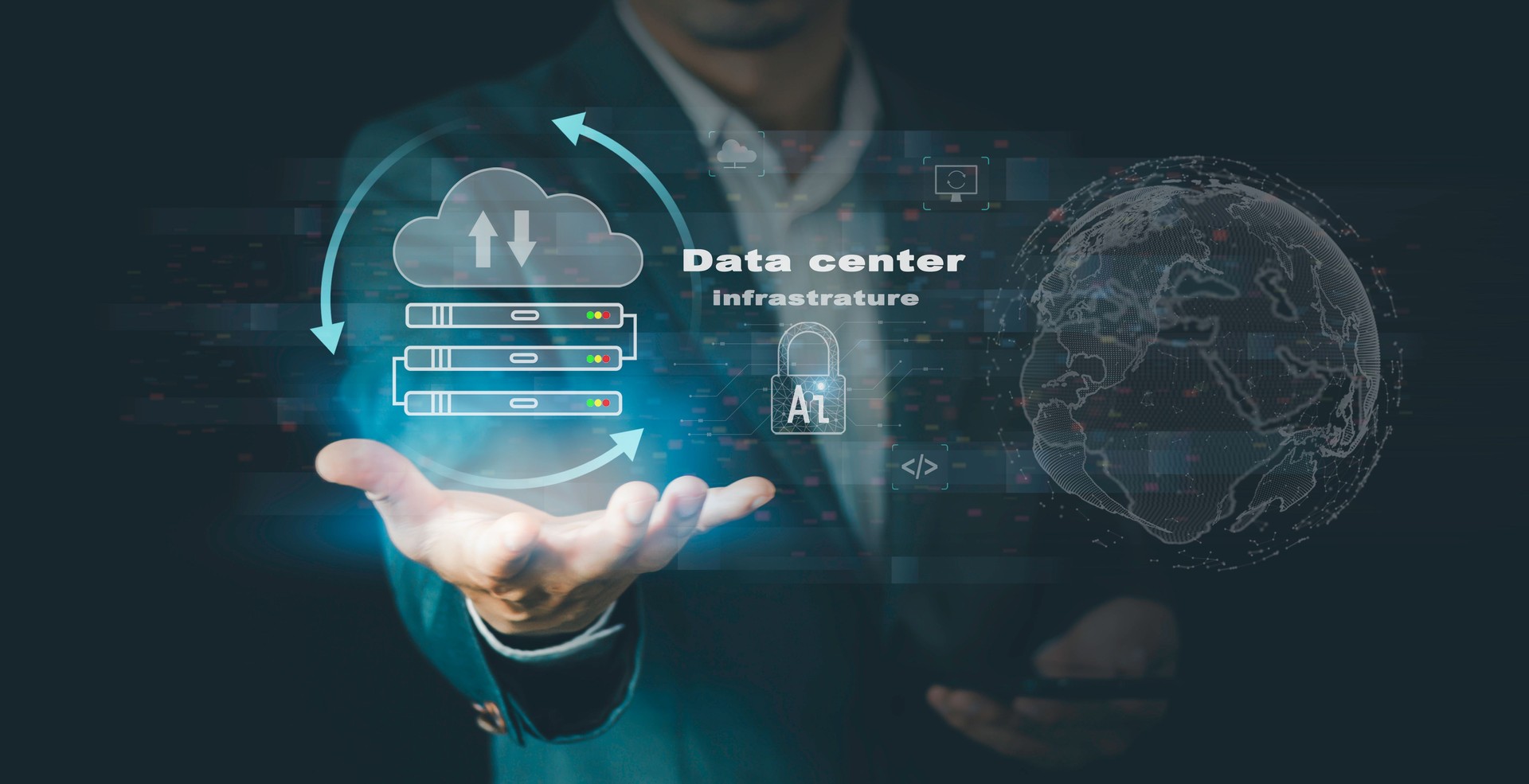 Data center infrastructure Concept. Cloud Computing Technology, Internet Storage Network, analytics, AI, and database management technology digital connection with cloud server Cyber Security