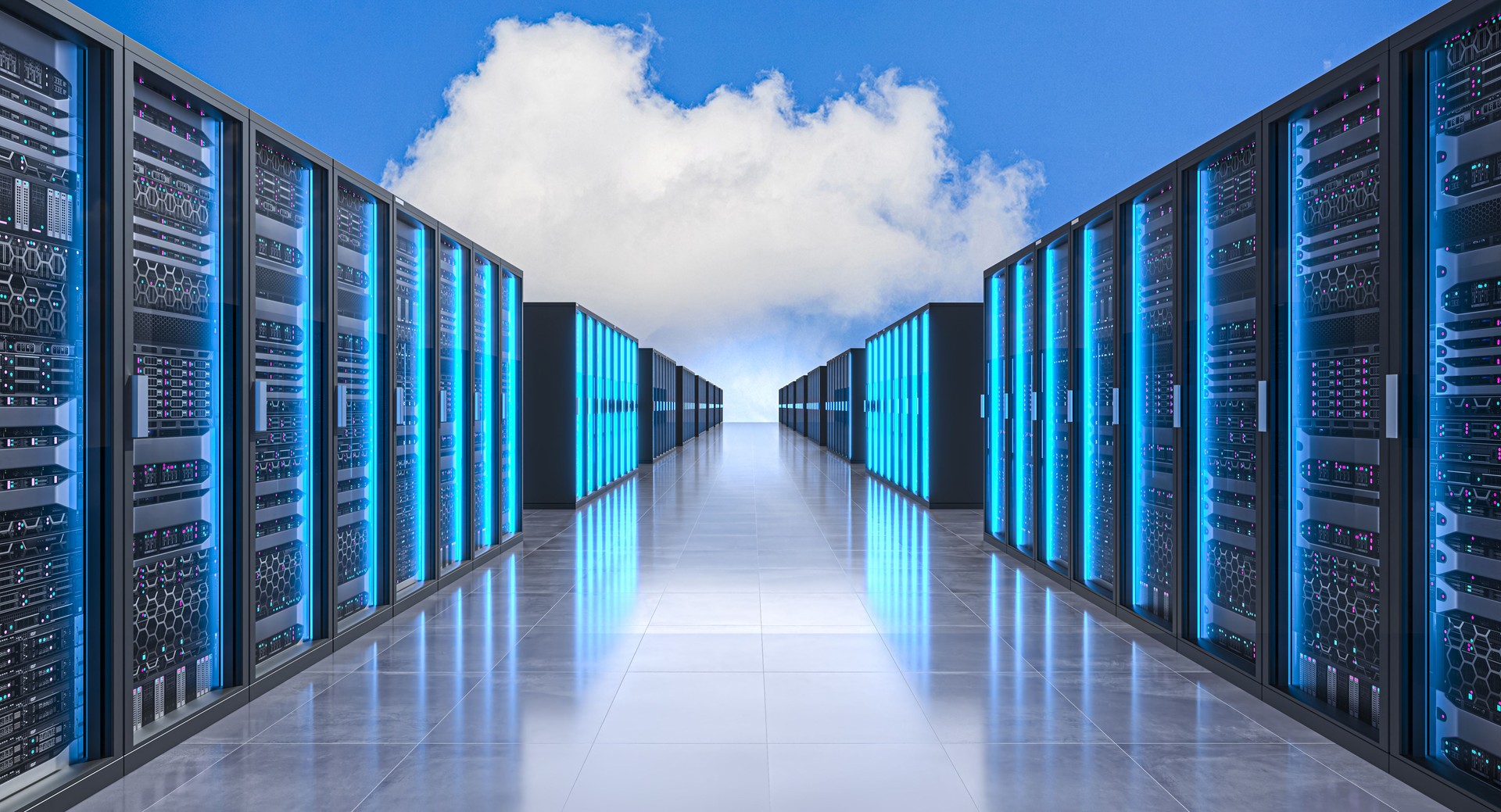 Server room with glowing lights and cloud background symbolizing cloud computing
