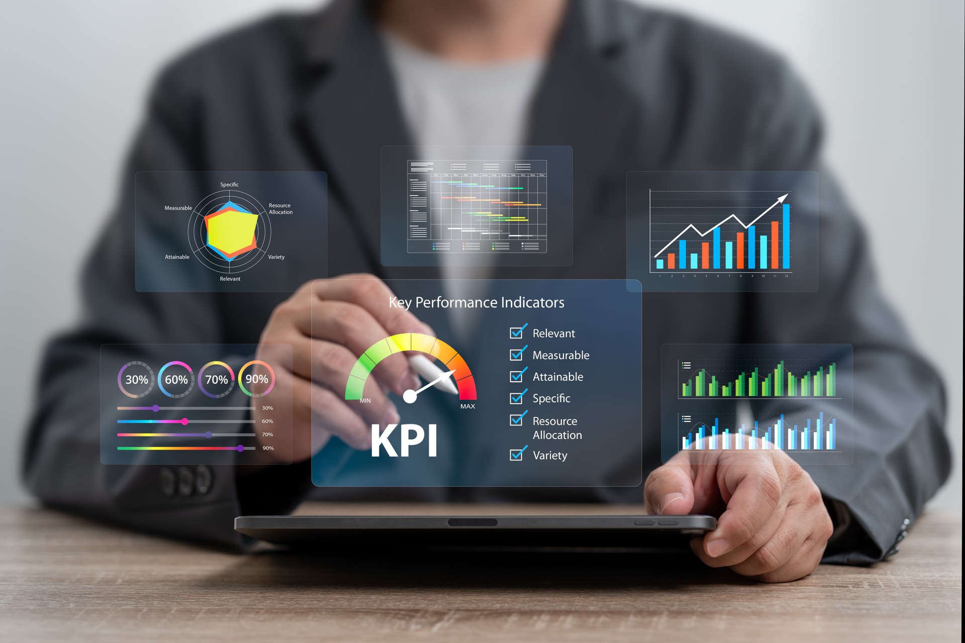 KPI, Key Performance Indicator, Business Data analytics automated  concept, Businessman use tablets shows KPI dashboard, Analyse graphs efficiently, Business target operations, Data System KPI metrics