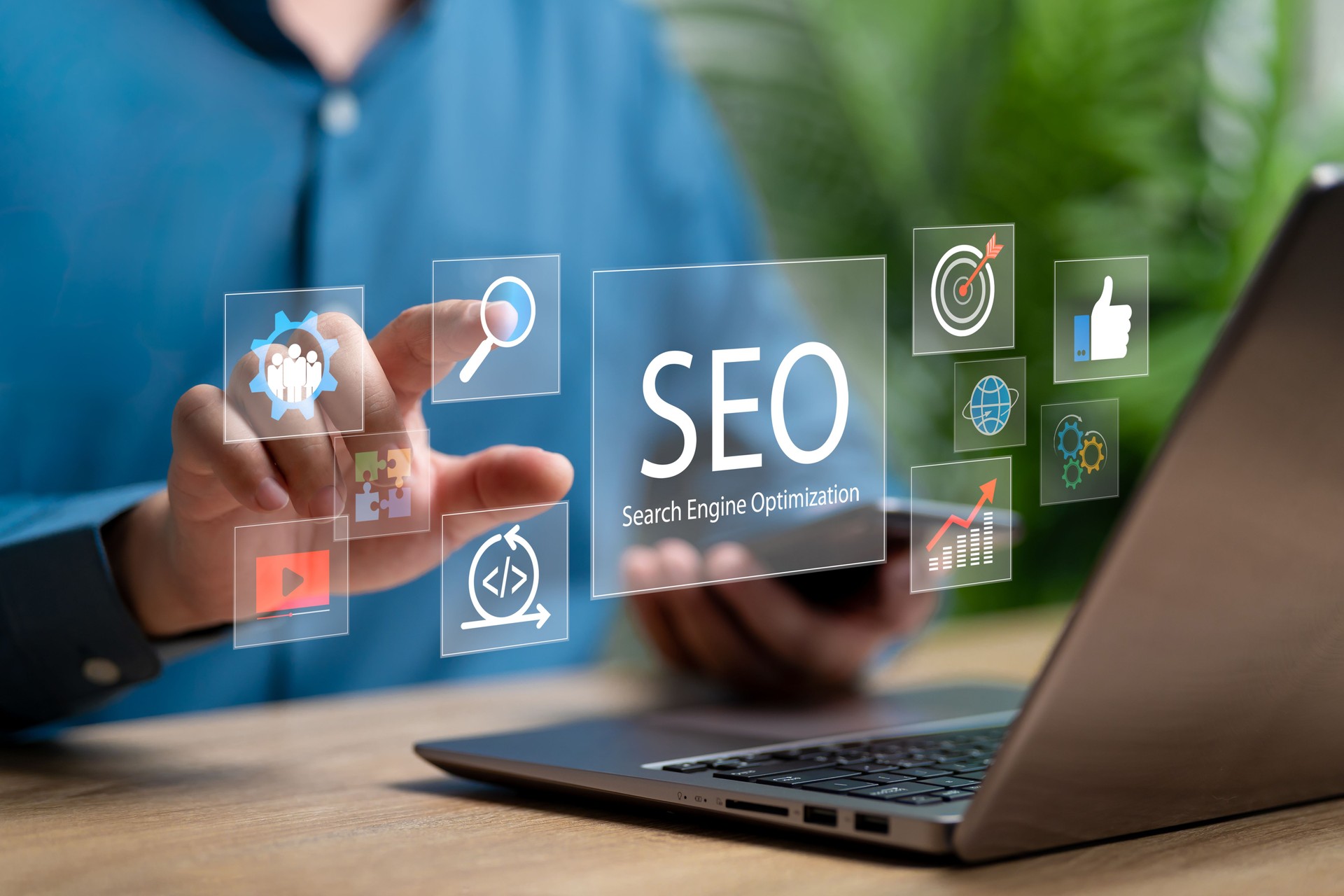 SEO, Search engine optimisation concept, Businessman touch on SEO icon, Business analysis, Automation AI and Digital marketing,  Promoting ranking traffic online and optimising website, Best Target